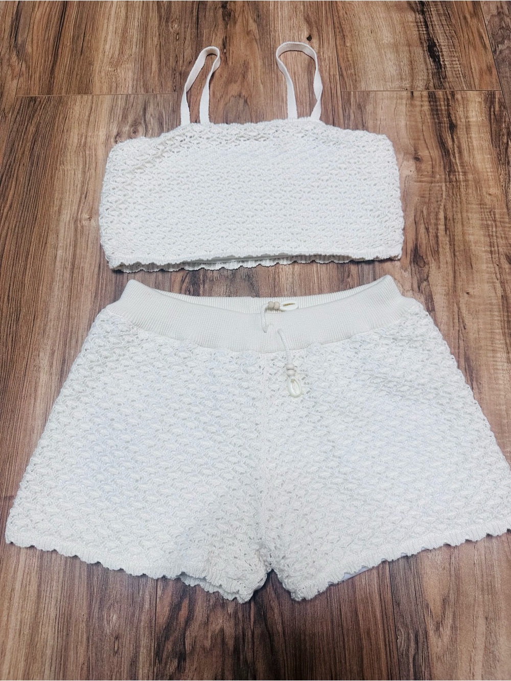 Zara Cream Knit Cropped Bandeau Top & Lounge Shorts Set